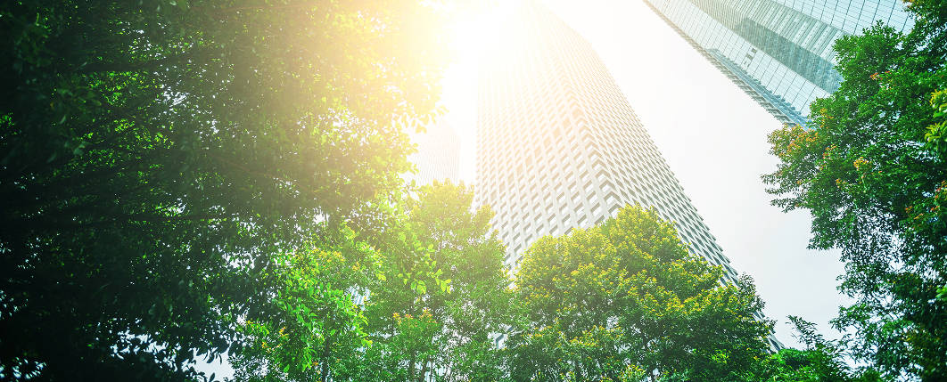 Business towers and Green leaves